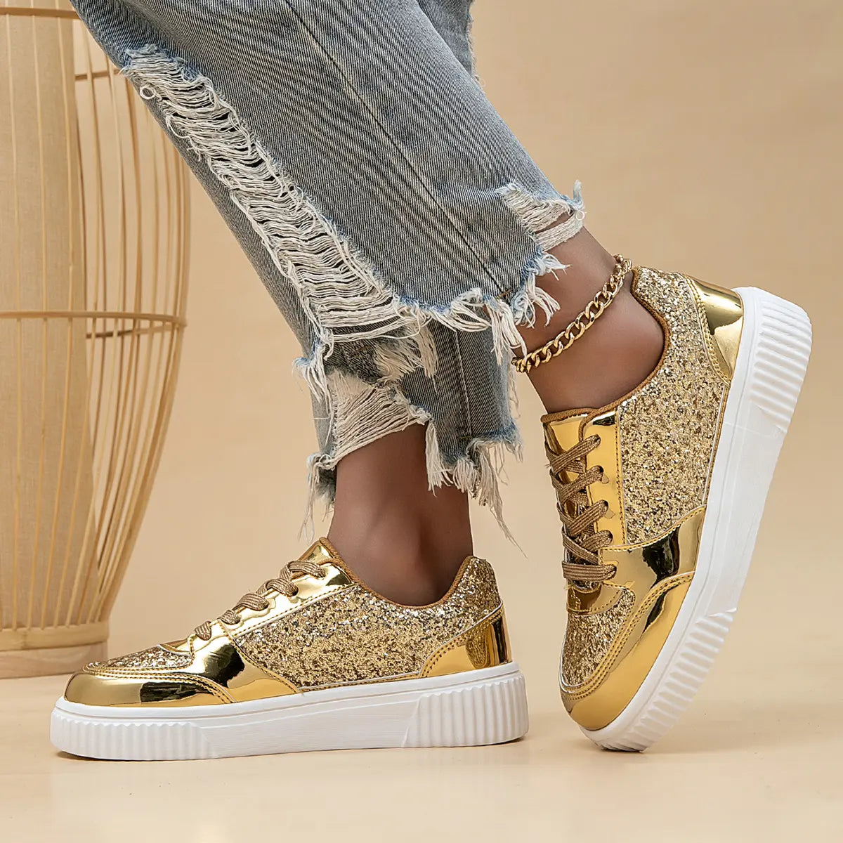 Basket Femme Paillettes Dorées