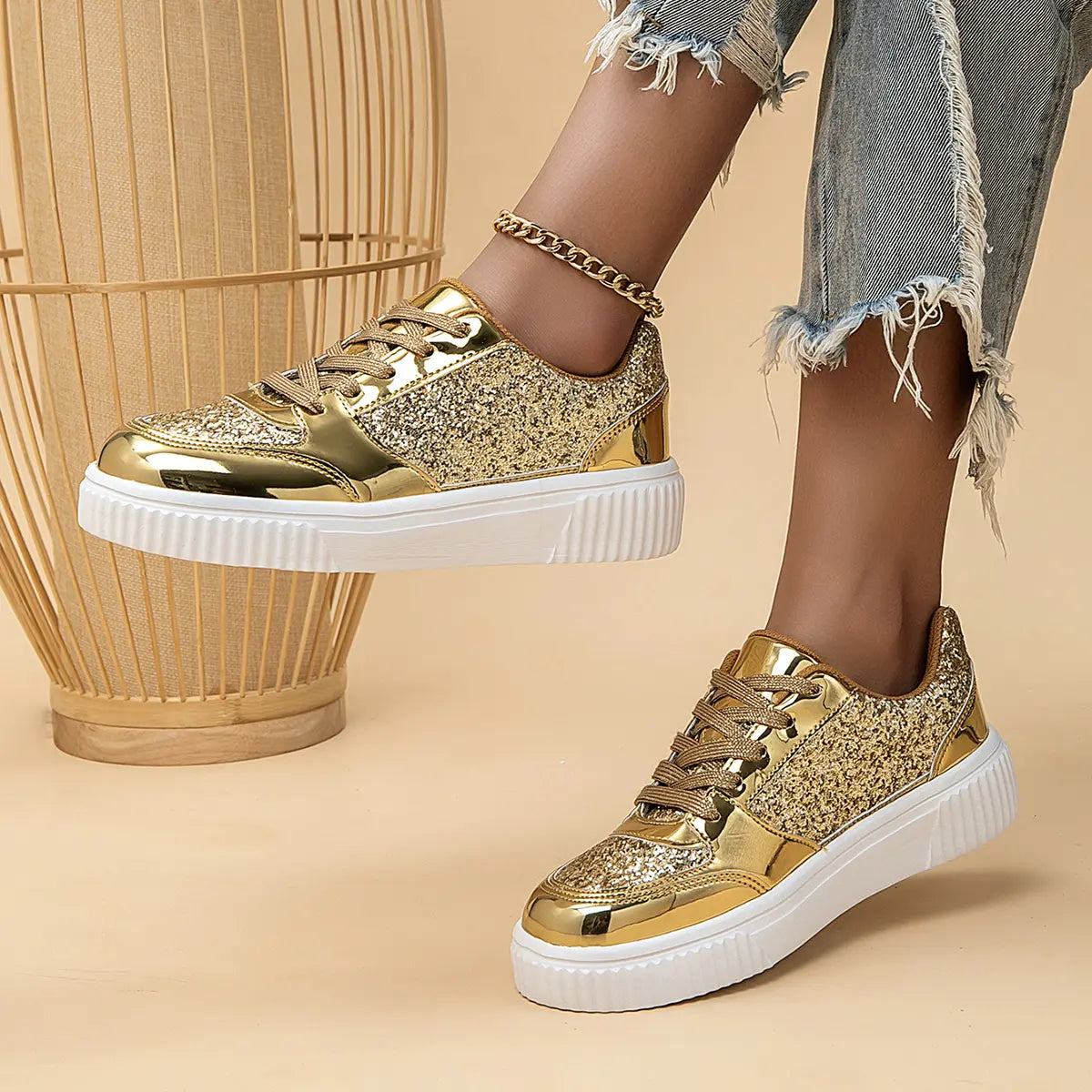 Basket Femme Paillettes Dorées