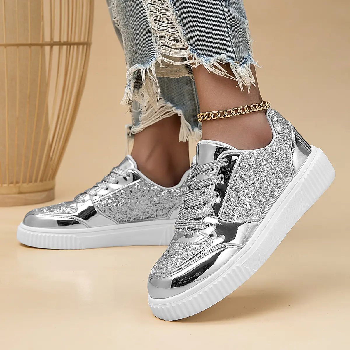 Basket Grise Pailletée Femme