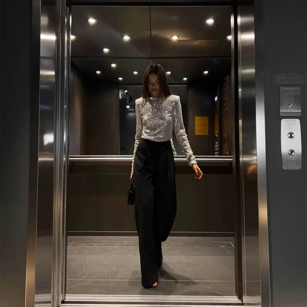 Haut Pailleté Argent Femme - hauts
