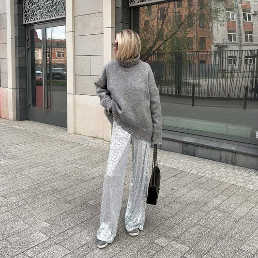 Pantalon Paillette Argent Femme