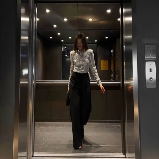 Haut Pailleté Argent Femme - hauts